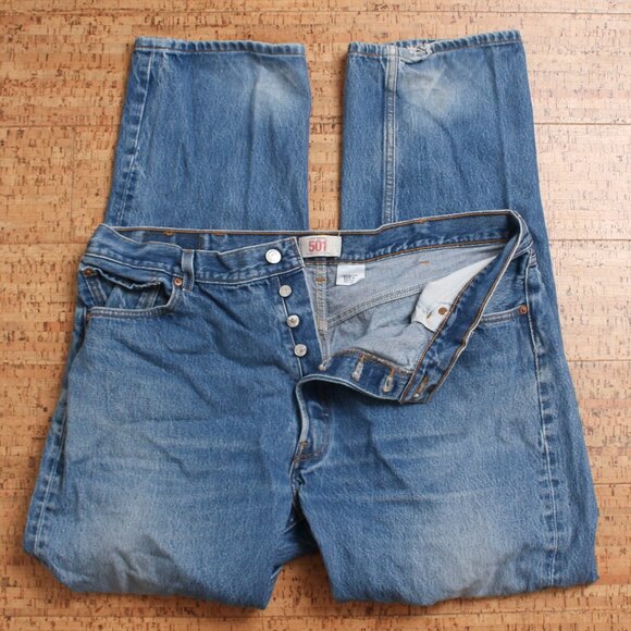 Levis 501 Jeans Mens 42x36 Blue Straight Leg Button Fly Light Wash Distressed - Picture 3 of 11